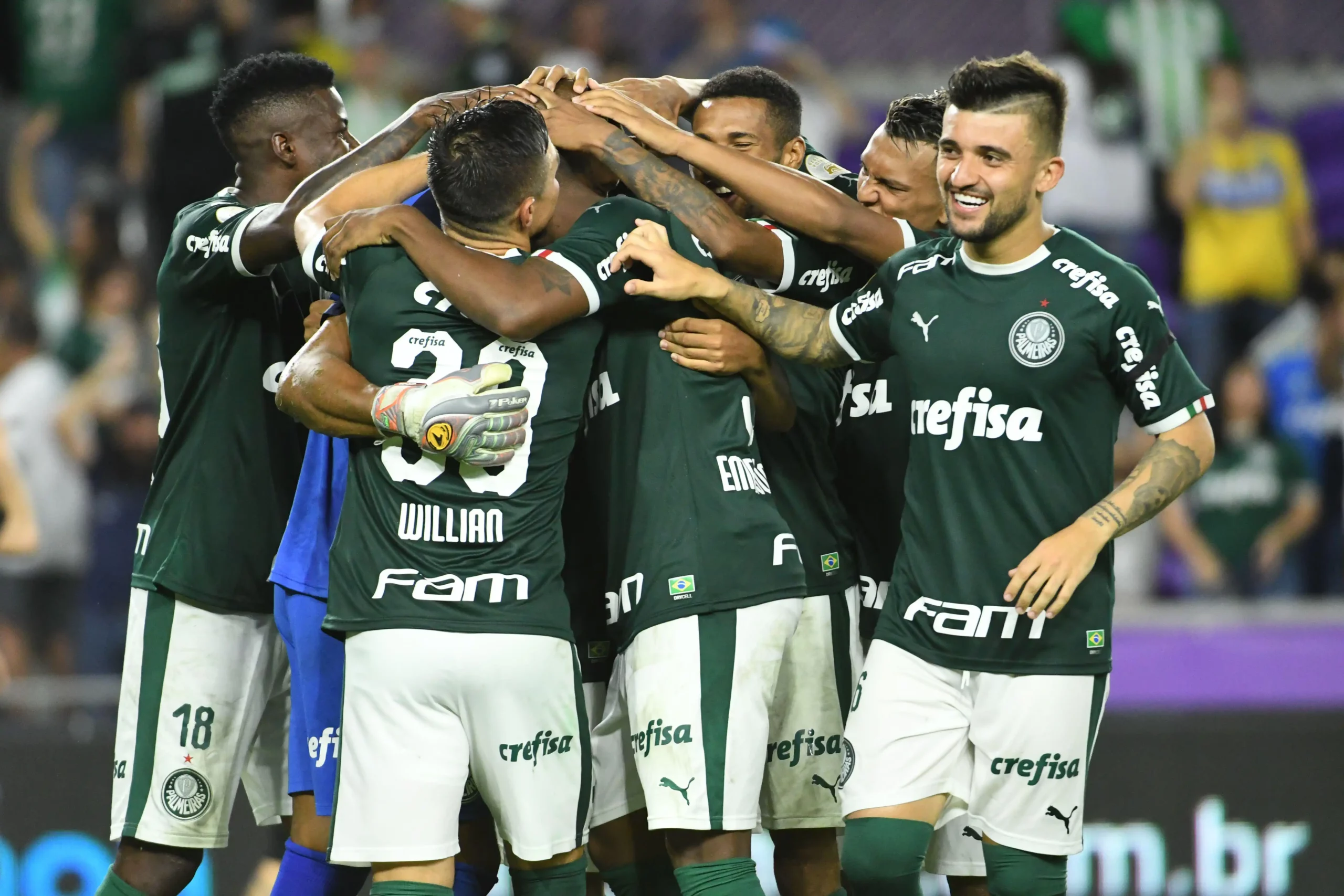 Os jogadores do Palmeiras comemoram a vitória no Exploria Stadium, em Orlando, Flórida, na quarta-feira, 15 de janeiro de 2020.