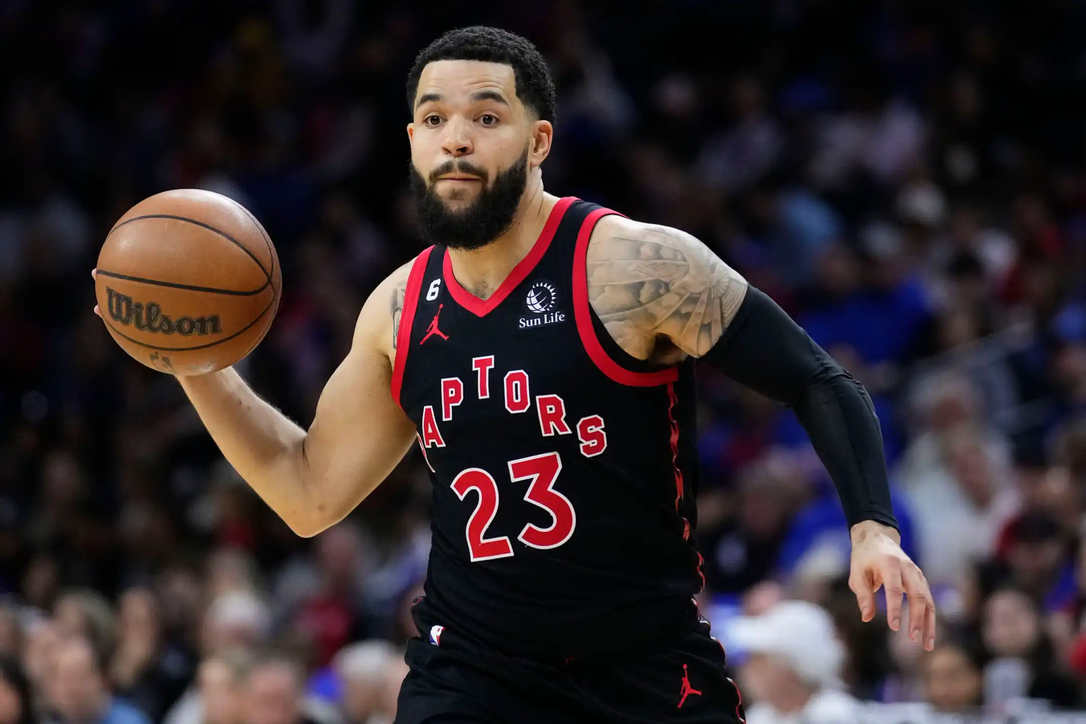 Fred VanVleet, do Toronto Raptors, joga durante uma partida de basquete da NBA