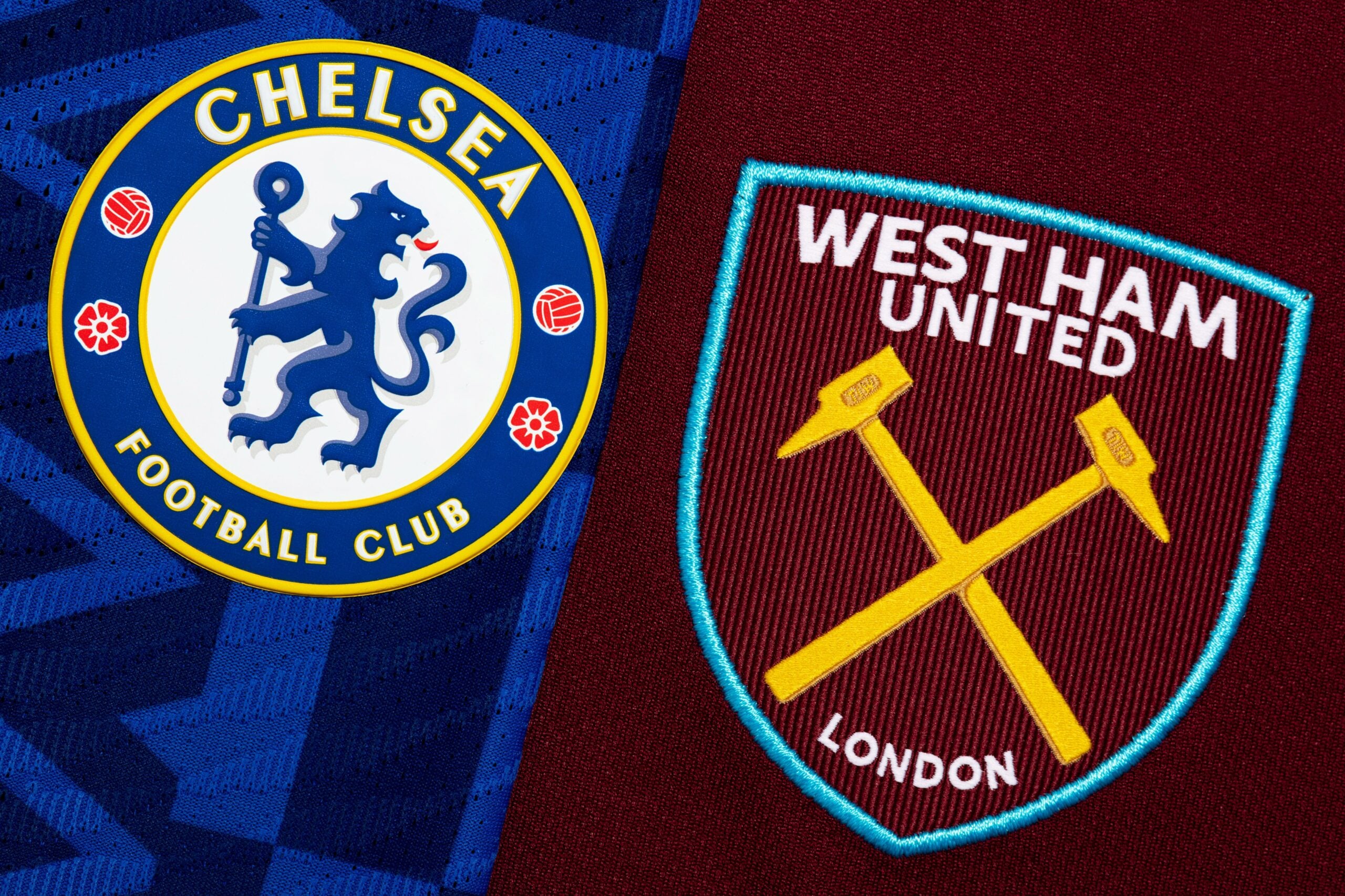Close up of Chelsea & West Ham United club crest.