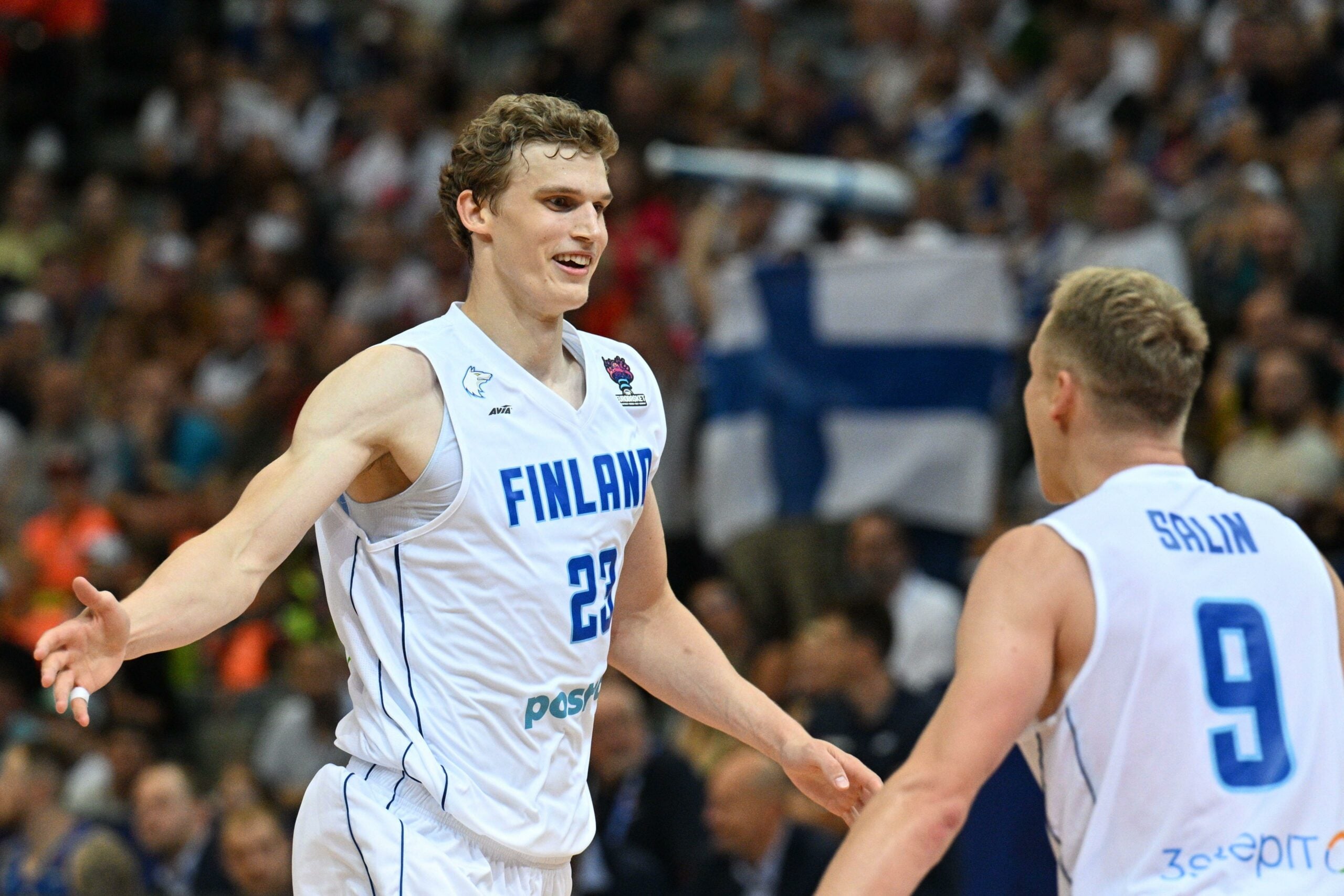 Prague, Czech Republic. 06th Sep, 2022. L-R Lauri Markkanen and Sasu Salin (both Finland) are seen during the European Men's Basketball Championship, Group D, match Czech vs Finlan, in Prague, Czech Republic, on September 6, 2022. Credit: Michal Kamaryt/C