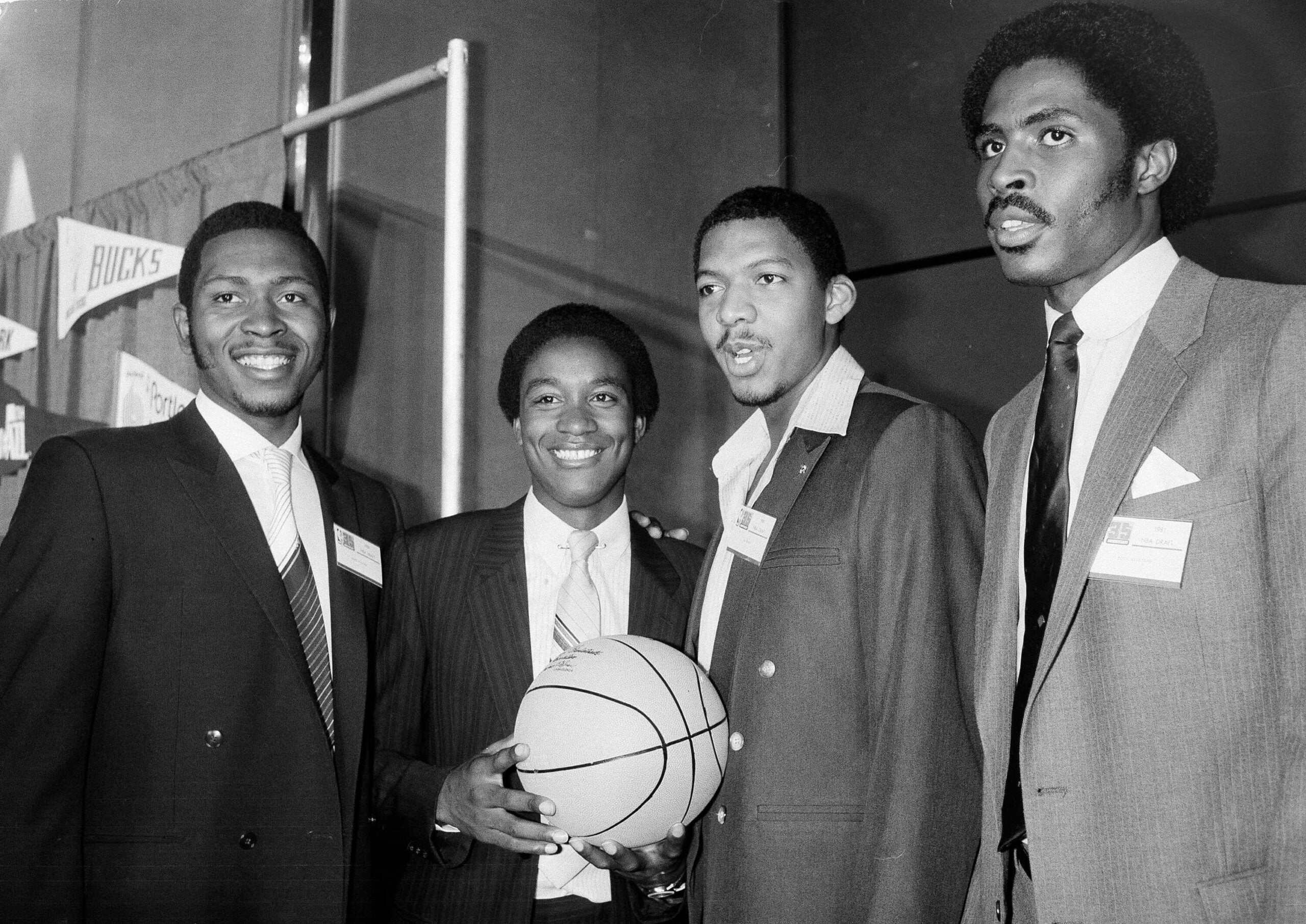 The top four draft choices in the NBA's college draft get together at the Grand Hyatt Hotel in New York, June 9, 1981. The players from left are: Mark Aguirre, from DePaul University, selected by the Dallas Mavericks; Isiah Thomas, from Indiana University