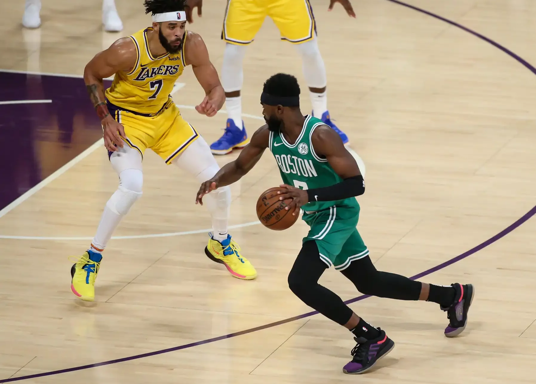 O armador do Boston Celtics, Jaylen Brown #7, durante a partida entre Boston Celtics e Los Angeles Lakers
