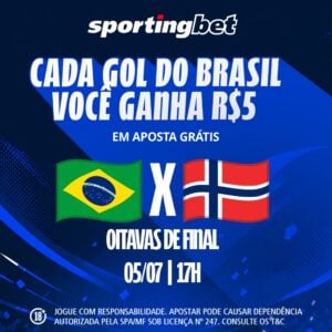 Aposta grátis de R$5 a cada gol do Brasil nas oitavas de final da Copa - Promoção Sportingbet